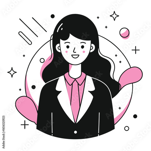 Female professional in business attire, smiling confidently in a stylized, modern setting. Positive, approachable businesswoman in a professional environment.