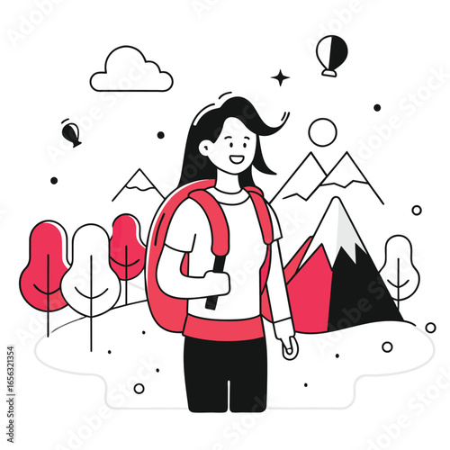 Young woman hiking in a scenic mountain landscape. Smiling female traveler carrying a backpack in a natural outdoor setting. Adventurer exploring a mountainous region -
