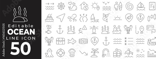 Ocean and marine set of web icons in line style. Nautical linear icons collection. Containing waves, surfing, boat, lighthouse, beach, sailboat, marine animals, diving, ecology, pollution. Editable