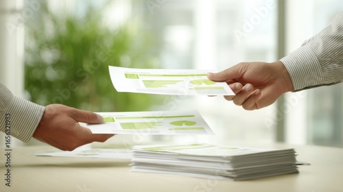 Medium shot of hands exchanging project evaluation sheets related to green finance taxonomy with the committees background softly blurred.