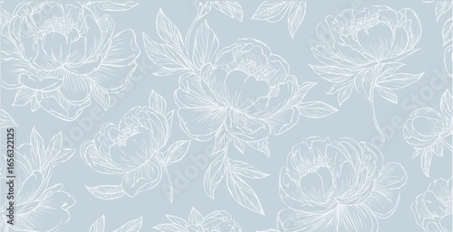 Peony print pattern background in provance style, floral background with beige and blue pastel tones. Pastel tones vintage style wallpaper in vector.