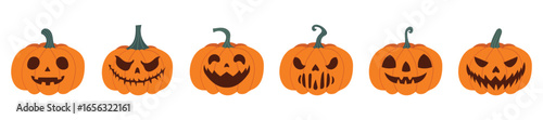 Set of Halloween pumpkins with carved scary and funny faces. Collection of jack-o’-lanterns in different shapes and expressions. Spooky orange squashes for Halloween decoration and design.
