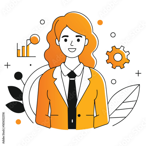 A confident young woman in a vibrant orange business suit, standing confidently in a professional setting.