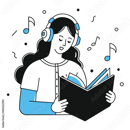 Young woman wearing headphones and reading a music book in a casual setting. Engaged and joyful expression while immersed in the music.