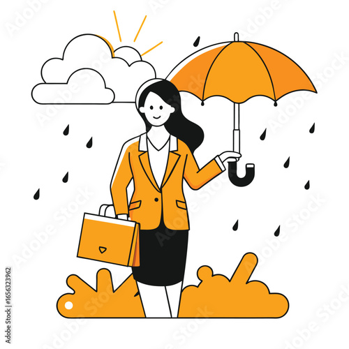 Businesswoman in a mustard yellow suit carrying a briefcase, holding an umbrella in a rainy urban setting. Professional female executive navigating a rainy day in the city.