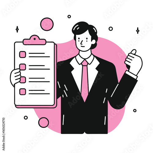 Businessman presenting checklist in modern setting. Male professional showcasing a list of tasks with an approving gesture. Businessman presenting checklist in office environment -