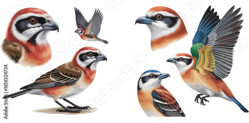 A group of small brown finches with red and green feathers sit on a tree branch in nature