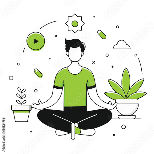 Young man in a green t-shirt sitting in a meditation pose with houseplant in a home office setting. Man practicing mindfulness and relaxation.