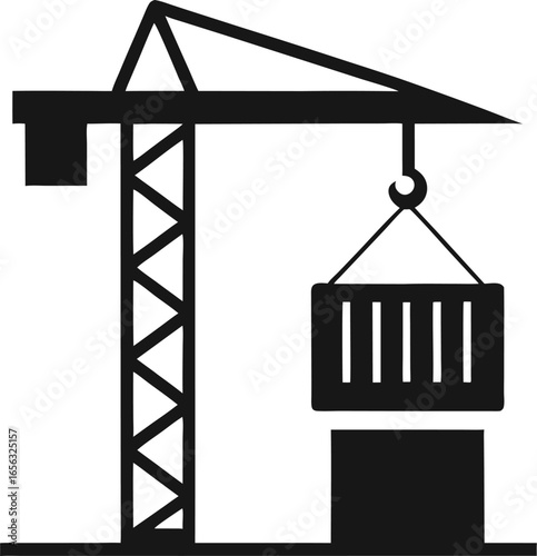 Tower crane with container Icon silhouette