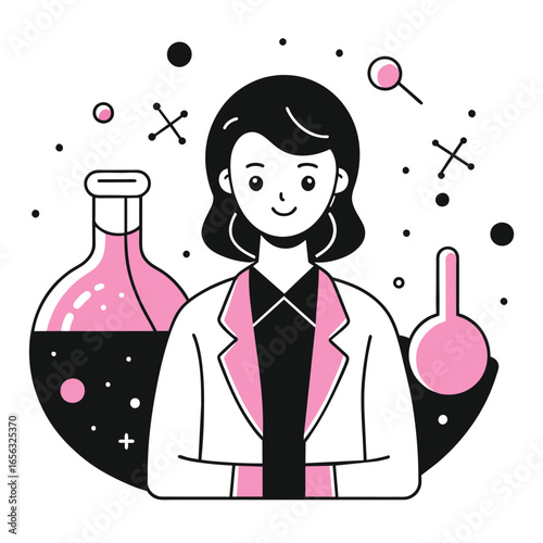 Female scientist in a white lab coat with pink accents, smiling and standing in a lab setting with beakers and scientific elements. A friendly, approachable female chemist in a laboratory environment.