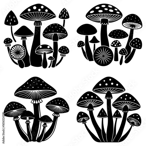 Four groupings of black and white mushrooms with varying sizes and shapes on a white background artful design