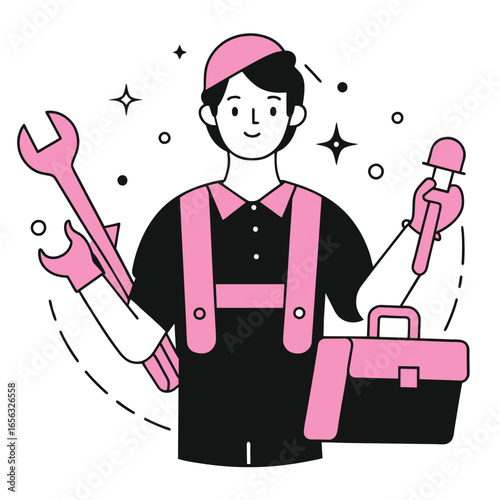 Plumber in uniform holding tools and carrying a toolbox in a professional pose against a plain background. Young male professional plumber in a home repair setting -