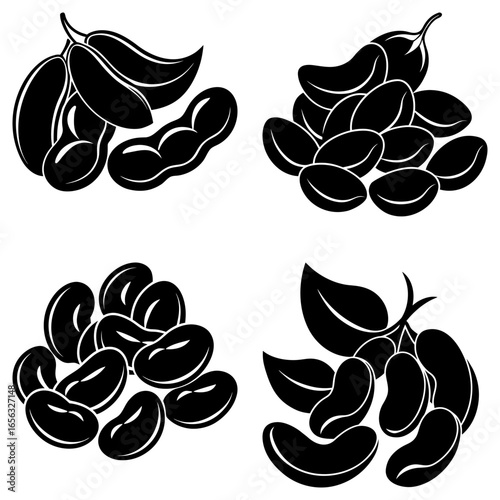 Illustration of four different piles of beans and legumes in black and white vector graphic design art 100