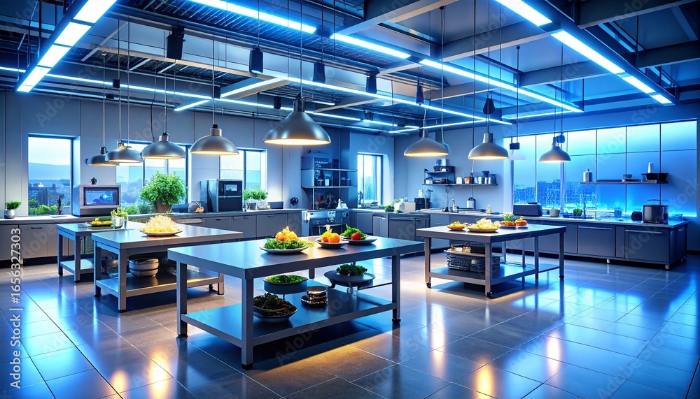 Fototapeta premium Modern Commercial Kitchen Interior with Blue Lighting and Stainless Steel Prep Areas