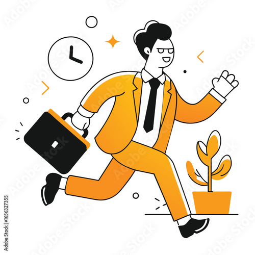 Businessman in a yellow suit running with briefcase in a modern office setting. Fast-paced action with time-sensitive elements.