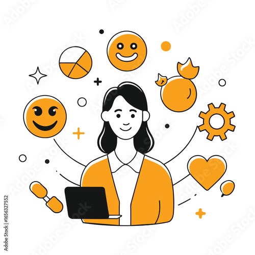Female professional holding a laptop, surrounded by diverse positive elements. Multitasking businesswoman in a modern office setting.