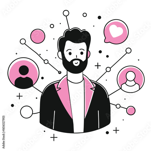 Male professional with a beard and short dark hair in a jacket with a pink lapel, standing in a network-connected setting.