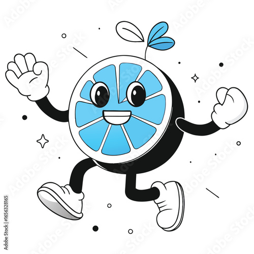 Cartoon slice of blue citrus fruit with happy expression in motion/running pose against a white background. Cute fruit character with playful dynamic action in a digital illustration.