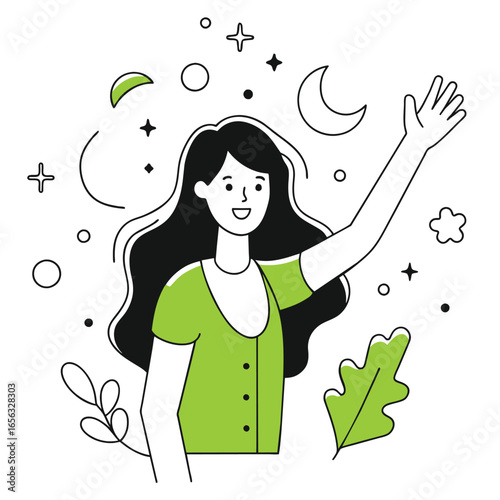 Young woman in a vibrant green top, waving with joyful expression in a night sky scene. Smiling female professional in a casual setting.