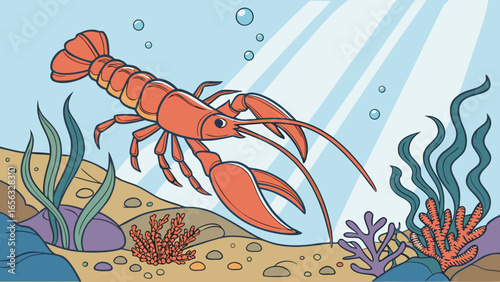 Cartoon lobster illustration in ocean scene underwater life marine animal vector drawing for kids and education