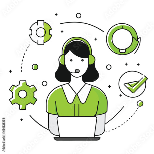 Female customer service representative in a lime green shirt working at a computer in a support center. A woman wearing a headset, seated at a laptop, and engaged in technical support.