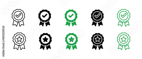 Set of Quality Badges with Checkmark and Star Icons – Black and Green Ribbon Award Vector Illustrations