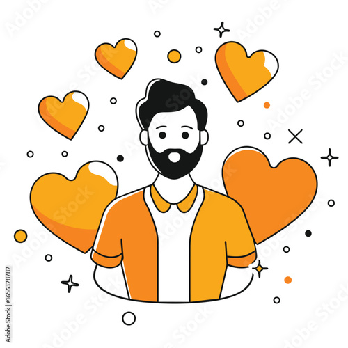Man with beard in orange polo shirt surrounded by hearts. Friendly male figure in a casual setting. Happy, approachable male professional in a graphic design setting -
