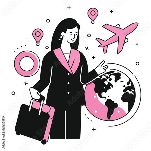 Female business traveler in black suit with pink details, pointing at a global map, holding a suitcase, with plane and world map in background. Young professional travel agent in the airport.