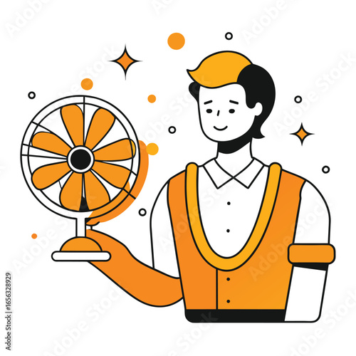 Young man holding a fan, casual attire, smiling while standing in a brightly lit space. Technician holding a fan in a modern indoor setting.