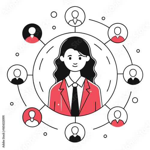 Female professional in a red blazer and tie standing amidst a network of colleagues. Woman in business attire connected to coworkers in a professional network.