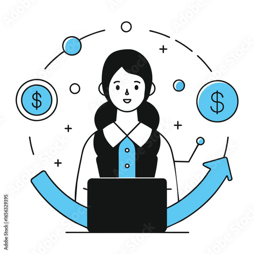 Young woman in business attire working on a laptop computer, surrounded by financial symbols and upward trending arrows. Female professional using technology in office setting.