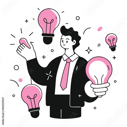 Young businessman in a suit and tie demonstrating creative ideas with multiple lightbulb imagery. Male professional in a modern office environment. Conceptual illustration.