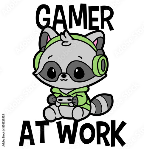 cute raccoon gamer at work