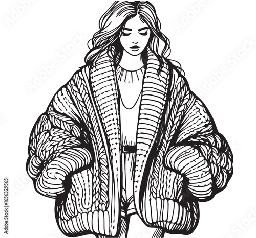 Fashion girl in voluminous knitting cardigan . Sketch. Vector illustration