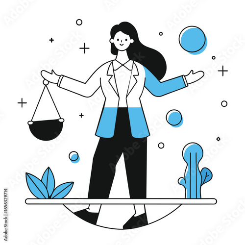A confident adult woman in a light-blue blazer and dark pants, holding a balance scale, stands poised in a contemporary setting.