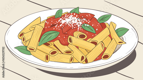 Delicious rigatoni pasta with tomato sauce and basil leaves italian food recipe illustration vector art