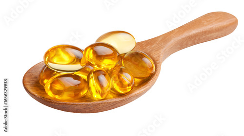 Golden oil capsules in wooden spoon healthy supplement