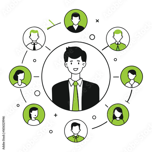 Business network of diverse professionals in a connected workplace environment.