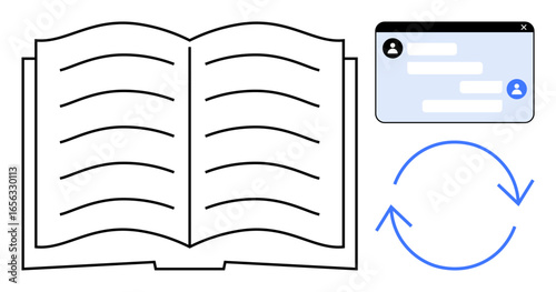 Open book with text, chat interface with speech bubbles, and circular arrows for refresh or update. Ideal for education, e-learning, communication, interaction, collaboration, knowledge sharing