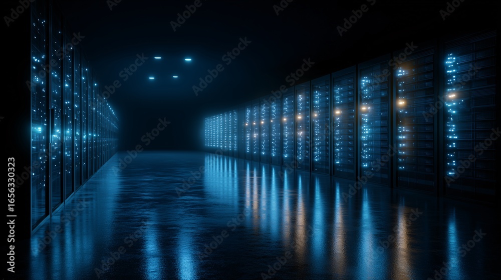 Fototapeta premium Dark Server Room With Blue Lights and Reflections