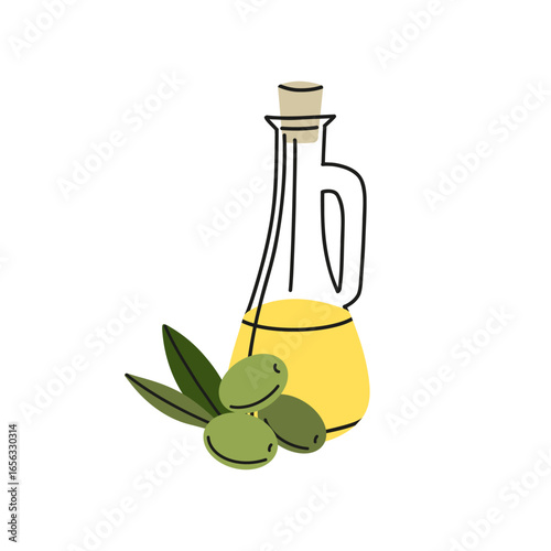 Olive oil in glass jar. Berries on plate and leaves. Cooking organic product. Bottle with liquid. Natural extra virgin. Diet vegan ingredient. Healthy food. Vector cartoon isolated illustration