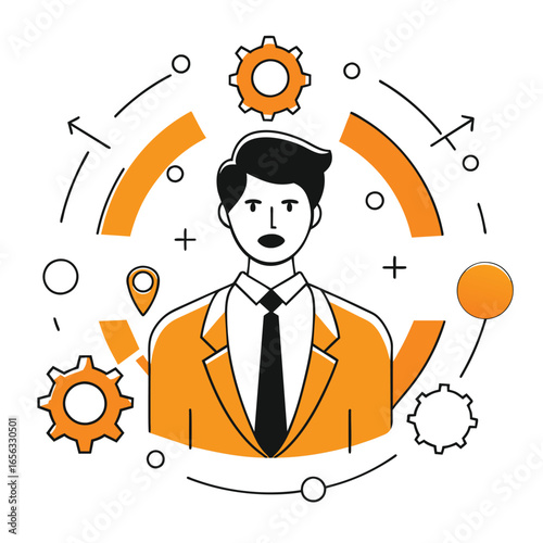 Young male professional in business attire standing confidently in a modern technological setting. A stylized illustration of a business executive within a graphic interface.