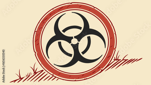 Biohazard Symbol in Red Circle with Grunge Texture.