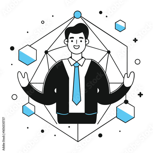 Smiling businessman in formal wear presenting a concept in a modern geometric setting. Male professional in corporate attire communicating digital connectivity. modern business -