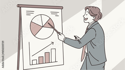 Businessman giving presentation with pie chart and bar graph.