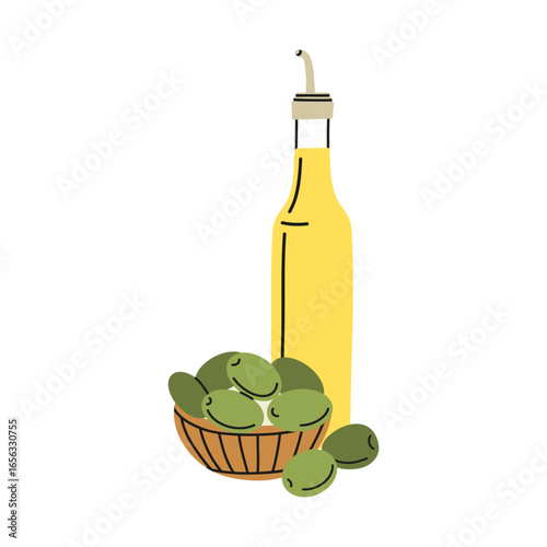 Olive oil in glass jar. Berries on plate and leaves. Cooking organic product. Bottle with liquid. Natural extra virgin. Diet vegan ingredient. Healthy food. Vector cartoon isolated illustration