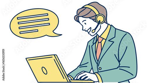 Businessperson Using Headset and Laptop for Customer Service.