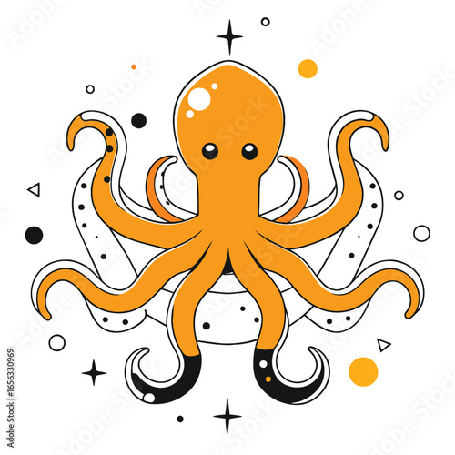 Orange octopus graphic design with abstract elements. Stylized octopus with decorative background in a modern, whimsical style. Graphic illustration for diverse potential uses.
