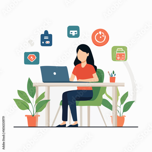 Work-life balance vector with freelancer at desk. Represents productivity, flexibility, and remote lifestyle.
