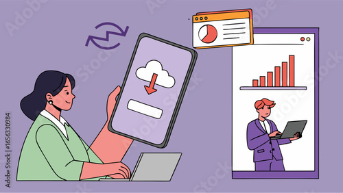 Businesswoman Downloading Data from Cloud to Smartphone.